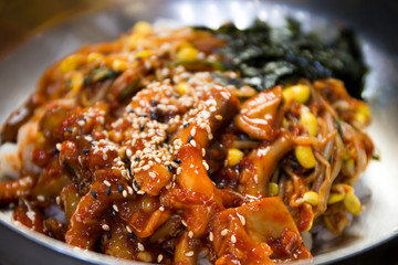 Nakji Bokkeum Deopbap, Rice with Stir-fried Octopus with gojugang