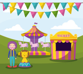 circus tent with clown and cute animals
