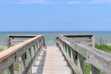 Perspective photograph of wood boardwalk railing beach access horizon blue sky, turquoise ocean and green grass.