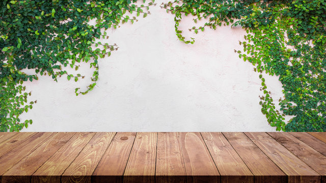Empty wood table with ivy leaves on cement wall background. © ParinPIX