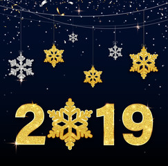 Fototapeta na wymiar Blue Happy New Year 2019 card with gold and silver shiny snowflakes.