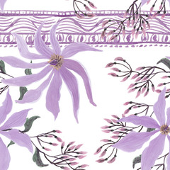 Watercolor painting seamless pattern with beautiful flowers