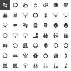 Jewellery accessories vector icons set, modern solid symbol collection, filled style pictogram pack. Signs, logo illustration. Set includes icons as Diamond Earrings, Pearl necklace, Gemstone Ring