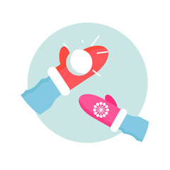 Winter games. Snowball. people entertainment in winter sports. Make snowball. Pink mitten. Holidays