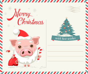 Holiday greeting card with Christmas , with Pig with Santa Claus hat and beard