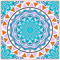 Template print for Sofa Square Pillow. Floral Geometric Pattern with hand-drawing Mandala. illustration. For fabric, textile, bandana, scarg, carpet print