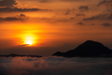Fototapeta na wymiar Beautiful dramatic sunset in the mountains. Landscape lot of fog Phu Thok Mountain at Chiang Khan ,Loei Province in Thailand.