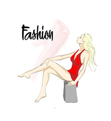Fashion girl Sketch. Stylish fashion model. Pretty young girl.