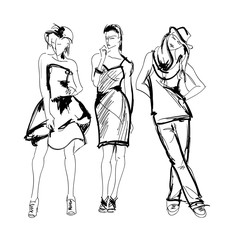 Sketch. Fashion Girls on a white background. Vector illustration