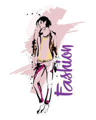 Fashion girl Sketch. Stylish fashion model. Pretty young girl.