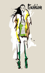 Fashion girl Sketch. Stylish fashion model. Pretty young girl.