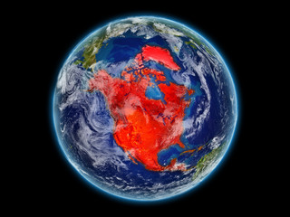 North America from space on realistic model of planet Earth with detailed planet surface and clouds. Continent highlighted in red.