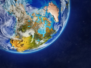 North America on realistic model of planet Earth with country borders and very detailed planet surface and clouds.