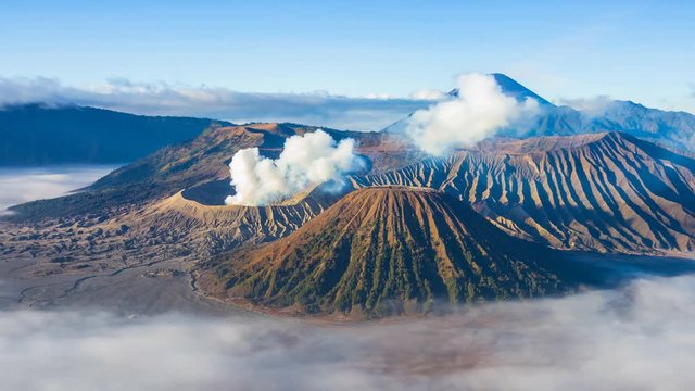 Beautiful Volcano and Misty floating Around Hillside , Landmarks Nature Travel Place Of Indonesia 4K Time Lapse