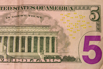 Closeup of american five dollars banknote