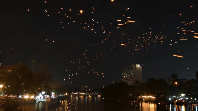 Timelapse of lanterns taking of during the Loy Krathong festival in Chiang Mai, Thailand.