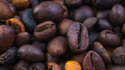 Coffee beans closeup with selective focus and crop fragment