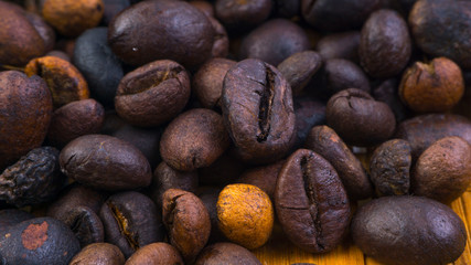 Coffee beans closeup with selective focus and crop fragment
