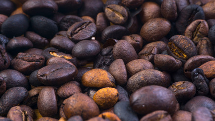 Coffee beans closeup with selective focus and crop fragment