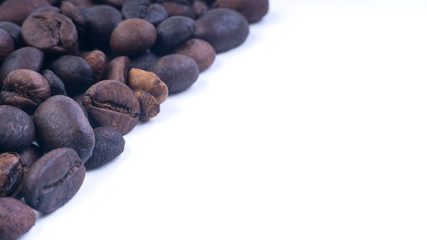 Coffee beans closeup with selective focus and crop fragment