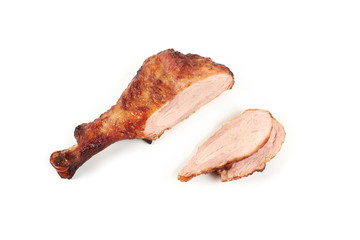 roast chickenleg and sliced chicken meat isolated on white background.