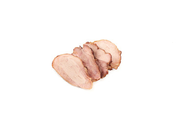 Slices of grilled chicken meat, isolated on white background.