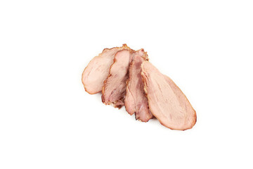 Slices of grilled turkey meat, isolated on white background.