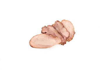 Slices of baked turkey meat, isolated on white background.
