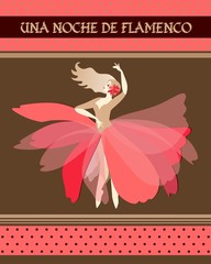 Spanish ballerina with red flower in blonde hair dressed in puff-skirt costume dancing Spain national dance. Flamenco night (inspiration in Spanish). Concert poster, invitation card. Art Deco style.