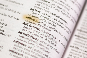 Naklejka premium The word or phrase Adieu in a dictionary.