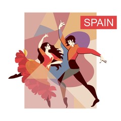 Spanish flamenco dancers on stage. Polygonal background. Decorative card in vector.