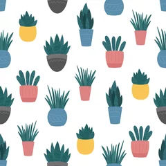 Wallpaper murals Plants in pots Indoor home plants in ceramic pots seamless pattern. Vector background, cute Scandinavian flat cartoon style. Potted flowers and sprouts colourful design