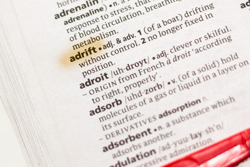 The word or phrase Adrift in a dictionary.