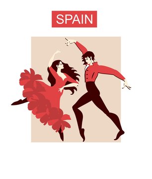Beautiful Spanish couple dancing flamenco. Concert banner, poster, invitation card in vector.