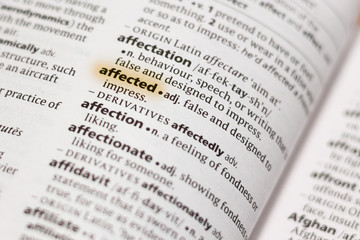The word or phrase Affected in a dictionary.