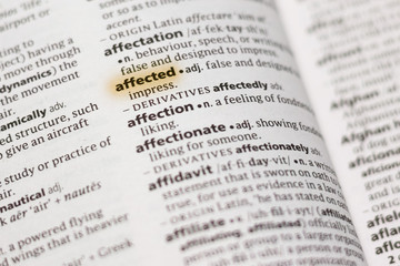 The word or phrase Affected in a dictionary.
