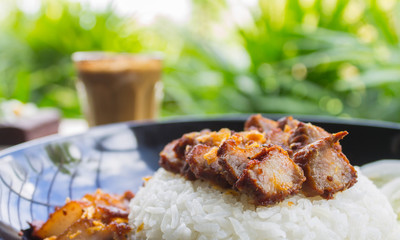 Thai Food Fried Pork with Garlic with Cucumber and Chocolate Brownie Cake and Latte Coffee Right