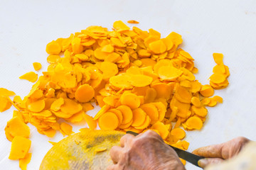 Abstract soft focus farmer practice cut slice of Zingiber,Turmeric root, Cassumunar ginger, Bengal...