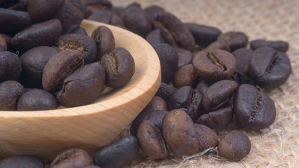 Coffee beans closeup with selective focus and crop fragment