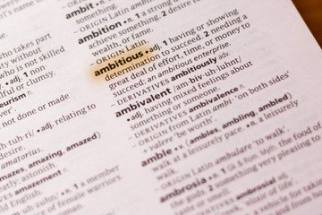 The word or phrase Ambitious in a dictionary.