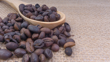 Coffee beans closeup with selective focus and crop fragment