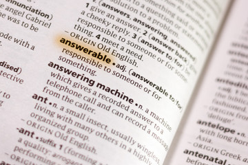 The word or phrase Answerable in a dictionary.