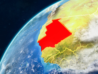 Mauritania on realistic model of planet Earth with country borders and very detailed planet surface and clouds.
