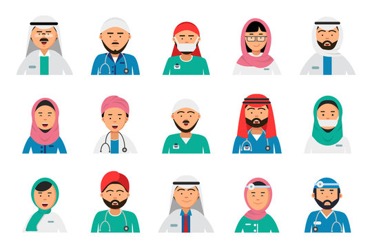 Arabic doctors avatars. Dentist nurses male and female arabic muslim islam hospital staff vector healthcare professions. Illustration of doctor professional, man muslim dentist
