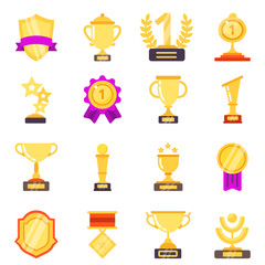 Trophy symbols. Achievement awards medals with ribbons for winners sport victory vector flat icons. Illustration of triumph reward, gold trophy with wreath