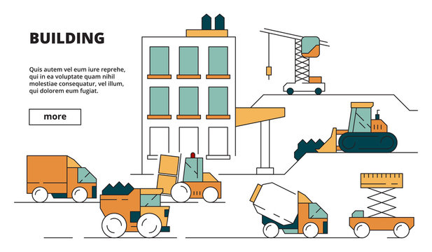 House construction. Heavy building machines linear background illustration concept picture for design project. Illustration of construction building equipment, loading and lifting, digger excavator