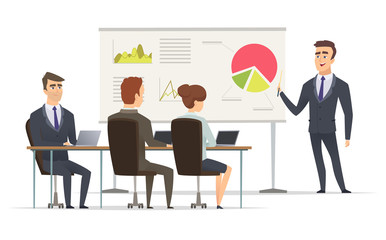 Business lesson. Teacher Manager learning on lecture office presentation concept marketing plan on whiteboard vector meeting peoples. Office lesson business people, illustration presentation seminar