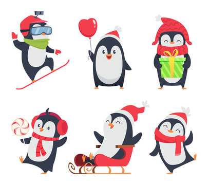 Penguin characters. Cartoon winter illustrations of wildlife animals in various action pose vector mascot design. Penguin arctic north, happy bird activity, snowboard and sleigh illustration