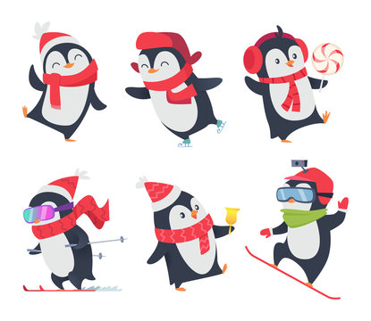 Cute penguins. Cartoon characters baby sweet wild winter snow animals pose vector isolated. Arctic happy penguin on skiing and with lollipop illustration