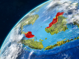Malaysia on realistic model of planet Earth with country borders and very detailed planet surface and clouds.